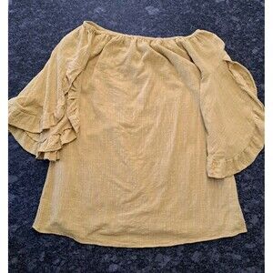 Simi Sue Mustard Yellow Top Blouse Tunic Ruffle Split Sleeves Size Small